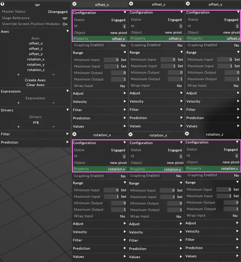 Set up automation axes for all moving screens