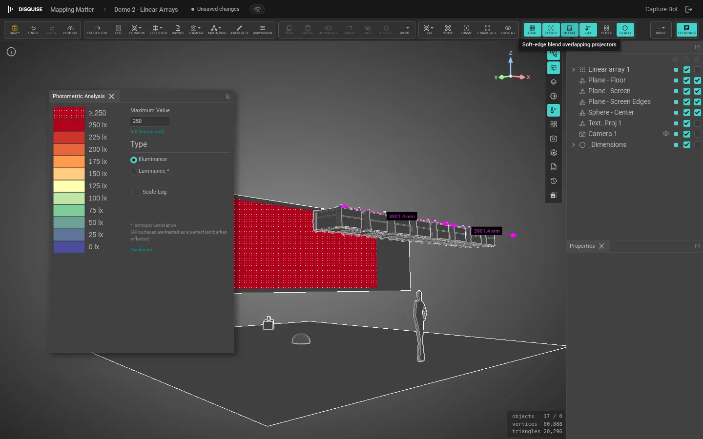 Blend toggle active with the photometric overlay on an overlapping linear projector array