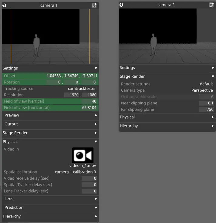 Camera 1 and Camera 2 properties