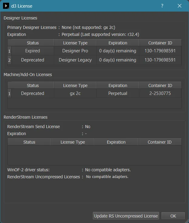 Disguise Licenses page shows GX2C as deprecated on Designer r33.0