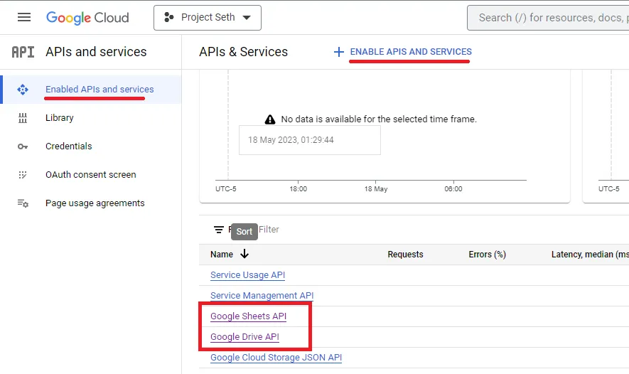 Check that Sheets and Drive APIs are both enabled