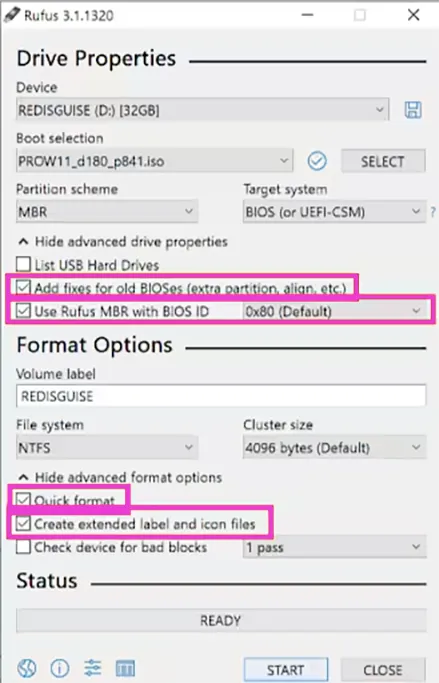 Rufus Advanced drive property settings