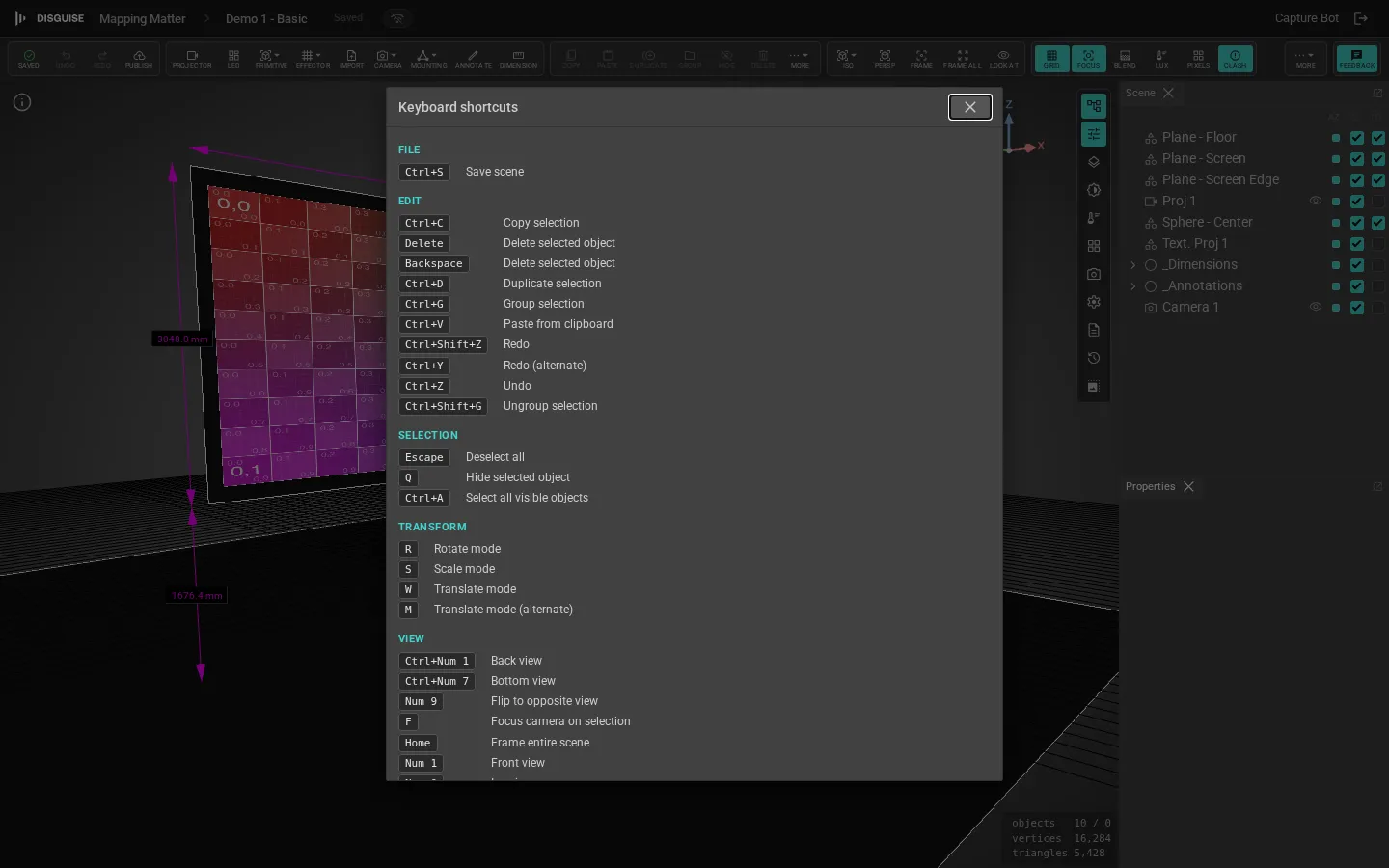 Keyboard shortcuts dialog