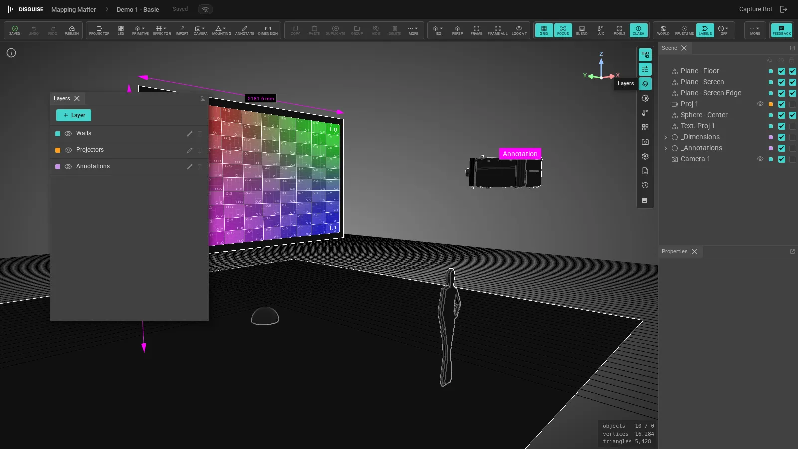 Layers panel with three layers and the Scene panel showing layer chips per row