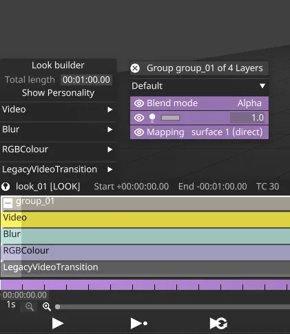Group of 4 Layers with two fields exposed. The Look Builder lists the entries in the group's internal layer order