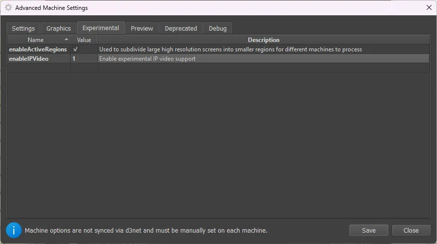 The d3Manager machine settings window with enableIPVideo set