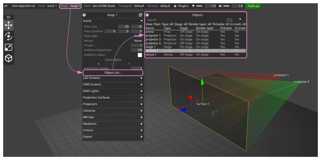 Object List... button in the Stage editor's Scene section