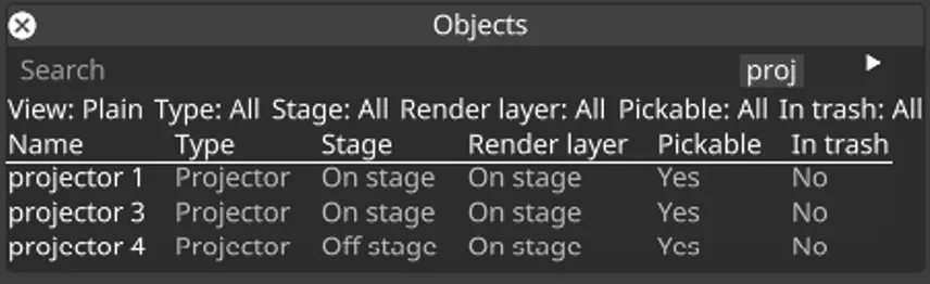 Search box with "proj" typed, showing matching objects ranked by relevance