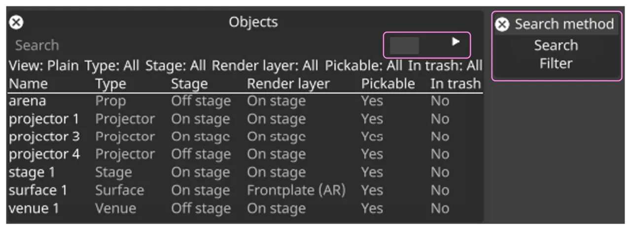 Options button for choosing between Search and Filter name matching