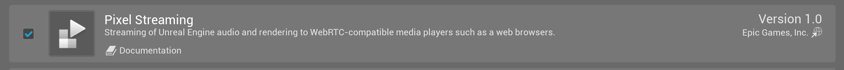 Pixel Streaming plugin shown enabled