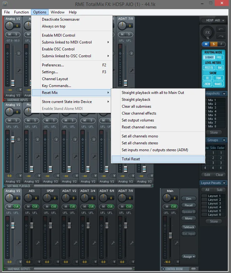 Pro-audio mixer to default settings