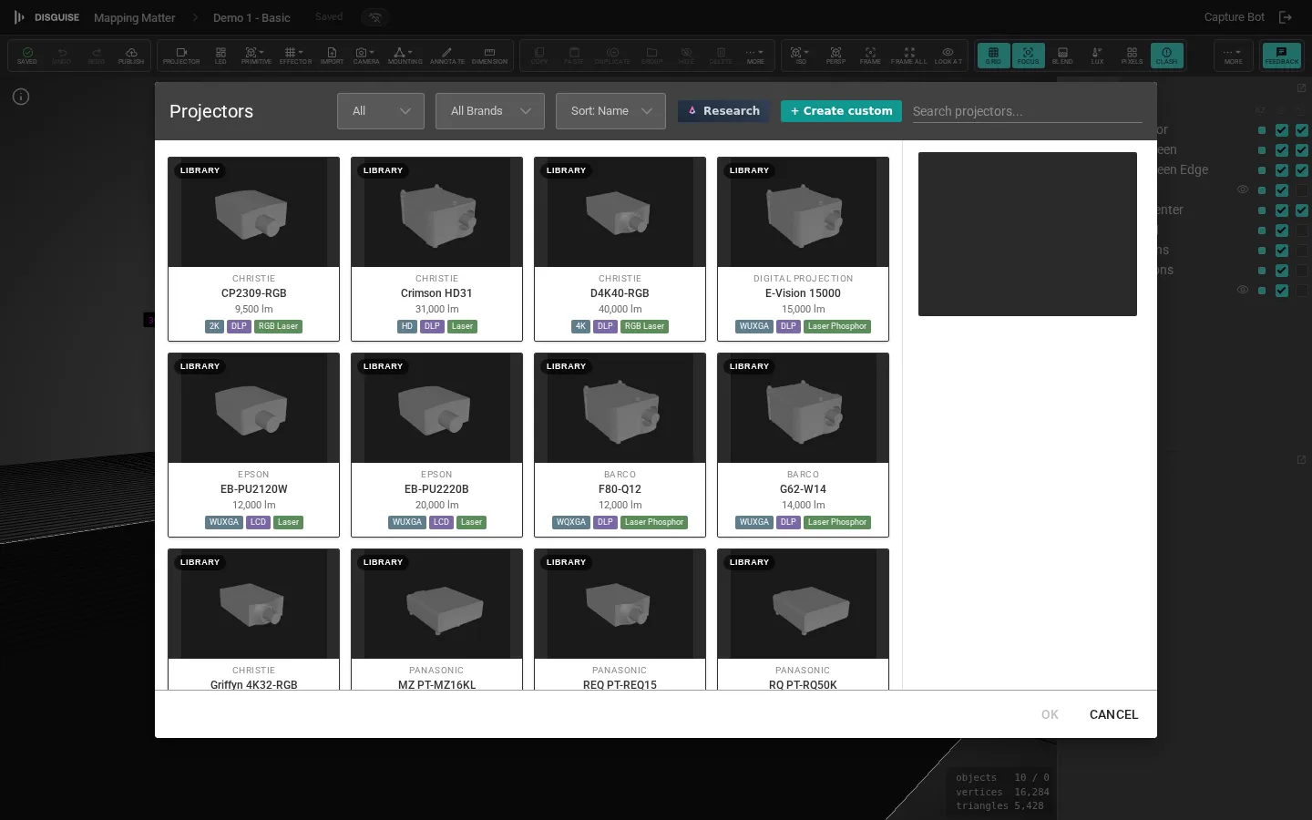 Projector library overlay with the Research button in the toolbar
