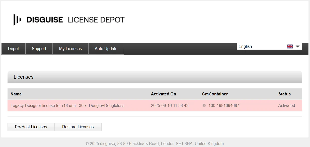Previously activated CodeMeter License that can be restored
