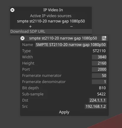 The persistent IP video editor with ST 2110 options displayed