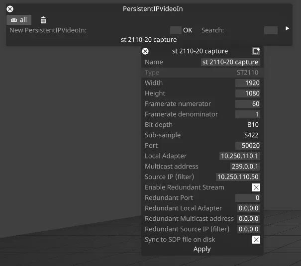 ST 2110 オプションが表示された persistent IP video エディター