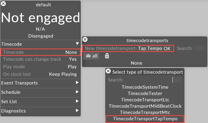 Tap temp timecode transport