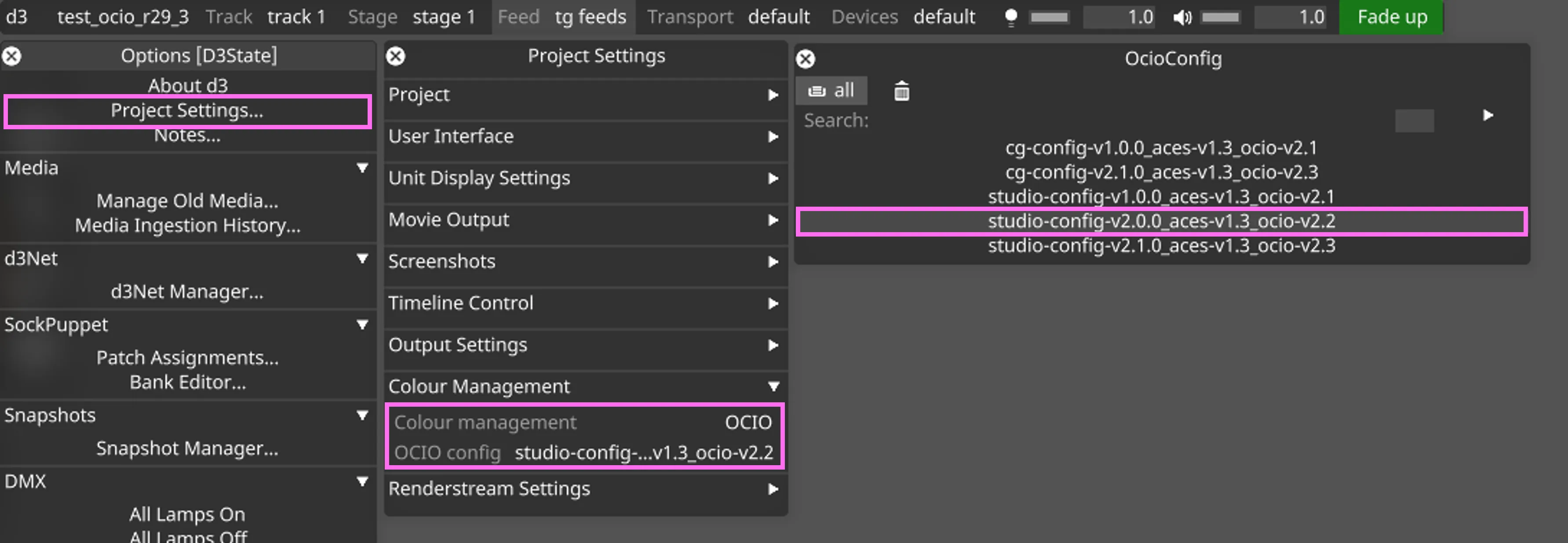 Selecting OCIO Config File