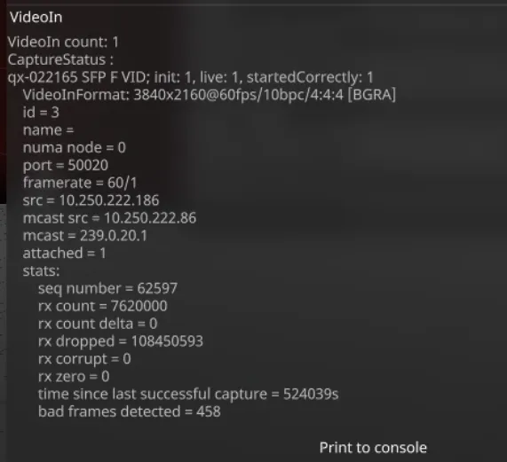 The video in debug widget with an ST 2110 capture active