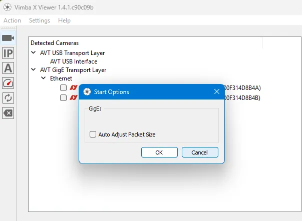 Disable Auto Adjust Packet Size in Vimba Viewer